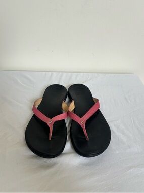 Olukai Honu Leather Pink  Flip Flops Hawaiian Green Sea Turtle Sz 9 womens